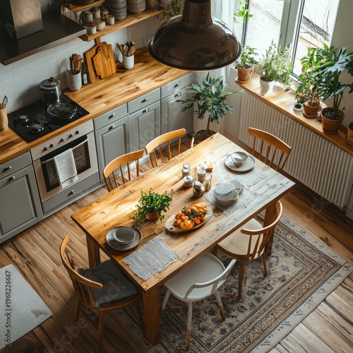 Top view of home kitchen interior with an eating table, chairs, and cooking cabinet, creating a cozy and functional space, Generative AI