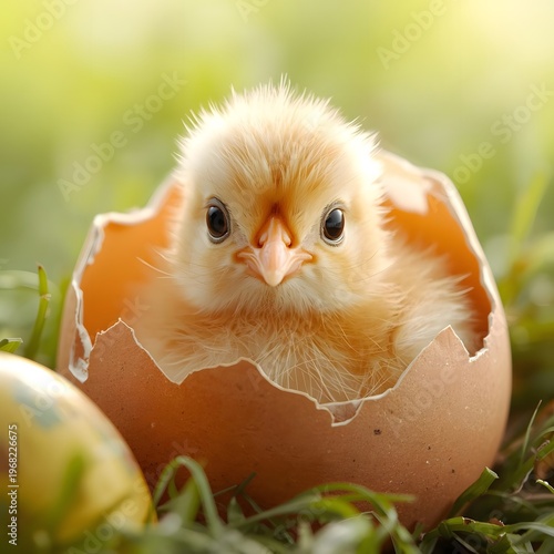 Cute Baby Chick Hatching from Easter Egg Spring Concept
