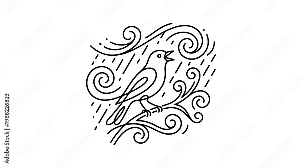 Fototapeta premium Bird Singing in a Storm, Joy Amidst Chaos Concept, Continuous Line Art