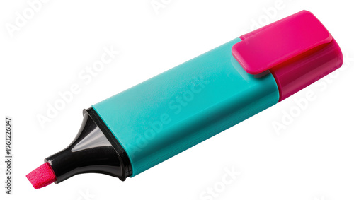 Obraz na plátně Turquoise plastic highlighter marker with bright pink tip and cap, isolated on t