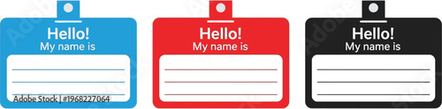 Vector graphic set of three blank colorful name tag labels for introduction