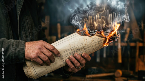 Hands Holding Burning Architectural Blueprint Paper with Smoke