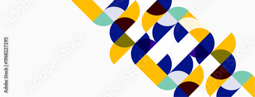 Abstract geometric pattern. Colorful semicircles overlap, creating dynamic composition. White space dominates image. Modern design elements present.