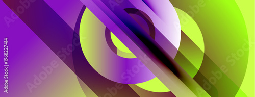 Abstract composition featuring vibrant purple, green hues. Overlapping shapes create dynamic visual effect. Smooth gradients define forms.