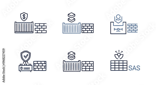 Conceptual cybersecurity and data protection icons with container and firewall elements.