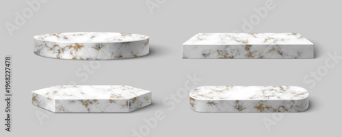 Luxury marble podiums set isolated on background. Vector realistic illustration of round, hexagonal, oval and rectangle product presentation platforms, interior design element, natural stone texture