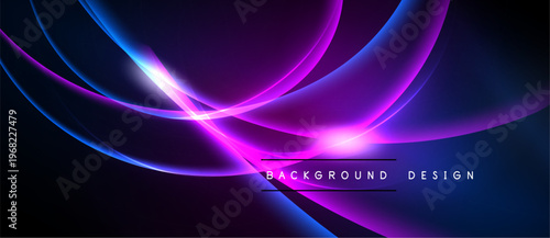 Abstract flowing lines create vibrant purple, blue glow. Modern design with dark background, perfect for digital projects.