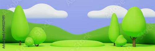 Cute 3D kids park background with green grass hills, blue sky with white fluffy clouds and podium stand. Cartoon children playground scene with trees, nature spring field landscape in plasticine style