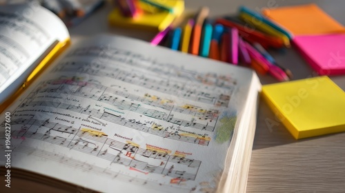 A vibrant workspace featuring an open music sheet surrounded by colorful pencils, sticky notes, and soft natural lighting on a wooden desk.