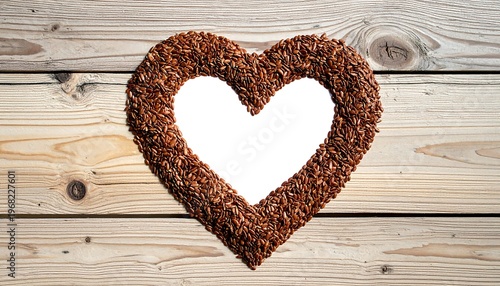 A heart shape created with scattered brown seeds rests on a light-brown wooden surface, top-down view