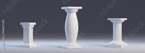 White marble podiums, 3d classic Greek column stands or Roman pillars, realistic vector set of illustration. Classic museum platforms for product display, exhibition and presentation