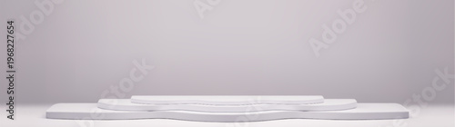 White 3D modern podium platform for product display with minimalist studio background and soft shadow. Realistic vector mockup, abstract stairs stand for elegant presentation backdrop, geometric steps
