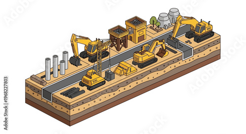 Construction site with excavators, cranes, and building materials in isometric view