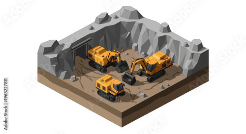 Isometric illustration of excavators and construction vehicles working in a mine excavation site, showcasing industrial mining operations and heavy machinery