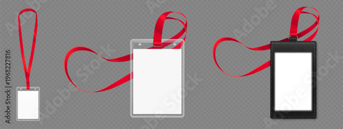 Id badge mockup with blank white paper, transparent plastic card and black leather holder and red lanyard, realistic vector isolated on transparent background. Design template for identification