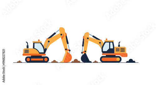Two excavators digging dirt, symbolizing construction and heavy machinery in a simplified flat design style