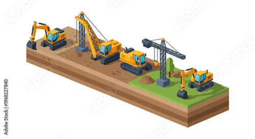 Isometric construction scene with various heavy machinery, including excavators, cranes, and pile drivers, on a segmented building site
