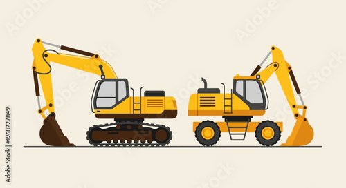 Two yellow excavators on a plain background, one with tracks and the other with wheels, representing construction and heavy machinery