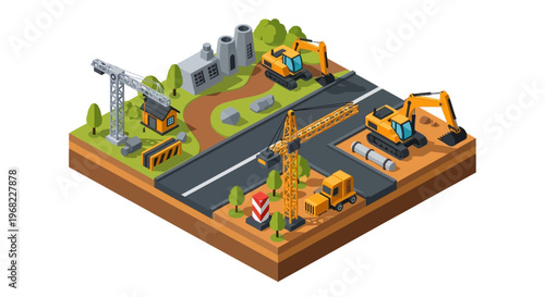 Isometric illustration of construction site with heavy machinery, cranes, and buildings, depicting urban development and infrastructure projects