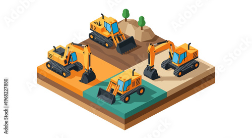 Isometric view of construction site with heavy machinery including excavators and diggers on brown earth with green grass patches and hills
