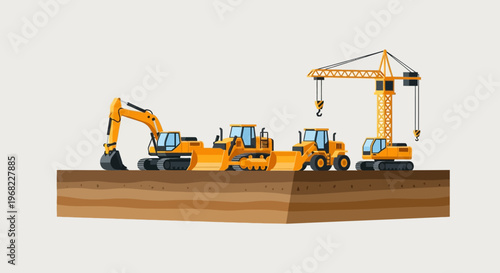 Construction vehicles lined up in a row on a cross-section of soil, illustrating heavy machinery in action for infrastructure development