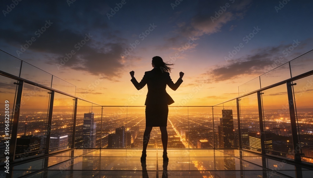 Fototapeta premium Successful Businesswoman Celebrating on Rooftop Overlooking City