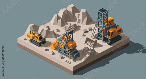 Isometric illustration of mining equipment and machinery operating in a quarry extracting natural resources