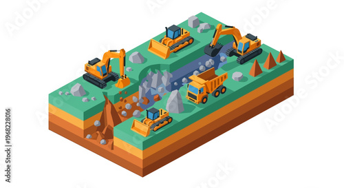 Construction Site with Excavators and Dump Trucks Working on an Isometric Landscape