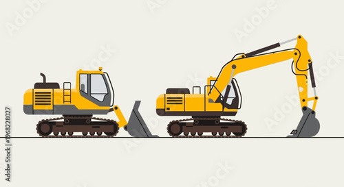 Two yellow excavators on a neutral background, one with a bulldozer blade and the other with a digging arm