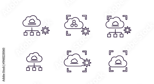 Cloud computing icons representing data storage and network connectivity.