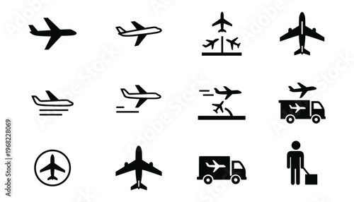 Set of airplane icons, vector illustration of aircraft, flight, travel, and transportation symbols