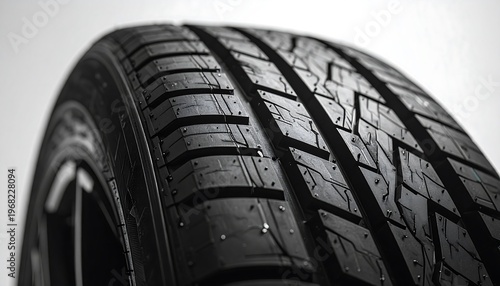 Close-up shot of a new, black automotive tire with intricate tread patterns and grooves. The tire is mounted on a wheel, a shiny surface is reflected