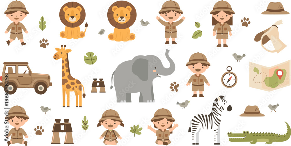 Fototapeta premium Cute Safari Adventure Vector Set with Cartoon Jungle Animals, Explorer Kids, Wildlife Elements, Jeep, Map, and Nature Themed Illustration Collection.