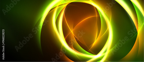 Abstract design features glowing curves, vibrant colors. Green, yellow, brown hues create dynamic visual effect. Smooth gradients dominate composition.