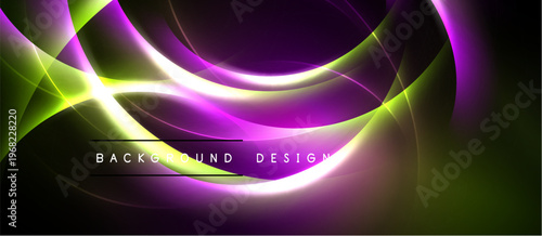 Abstract neon waves, vibrant purple, green hues. Dynamic flowing lines create modern background design. Smooth gradients, dark space.