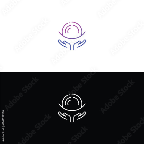 A beautifully crafted line art logo depicting two gentle hands cradling a spherical object with a vibrant gradient.