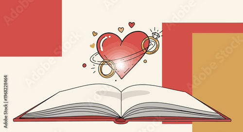 Open Book with Heart and Wedding Rings - Love Story, Romance, Marriage Concept