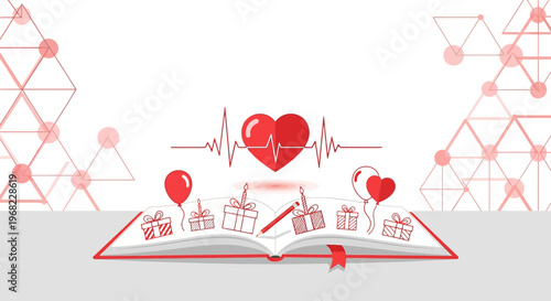 Open Book with Heartbeat, Gifts & Balloons: Love Story, Health & Celebration Concept