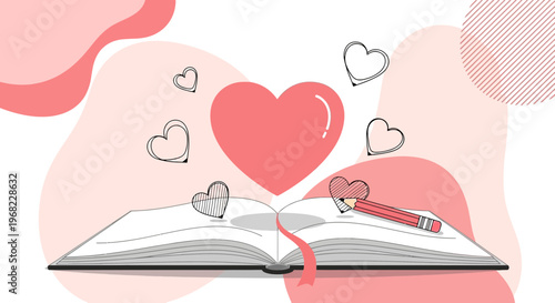 Open Book with Hearts, Pencil, and Abstract Shapes - Love Story Concept
