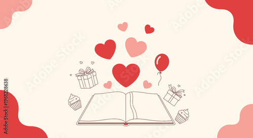 Open Book with Hearts, Gifts, Cupcakes, and Balloon - Love Story Concept