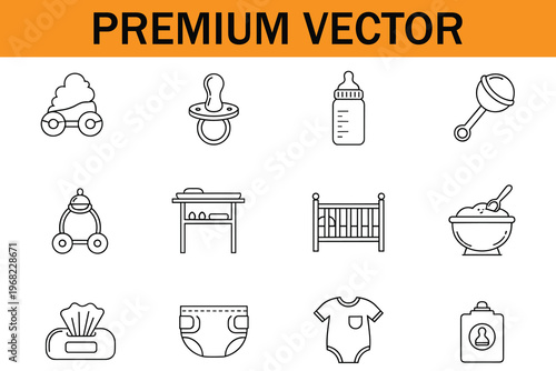 Set of baby care icons, including stroller, pacifier, baby bottle, rattle, changing table, crib, bowl, wet wipes, diaper, bodysuit, and baby tag