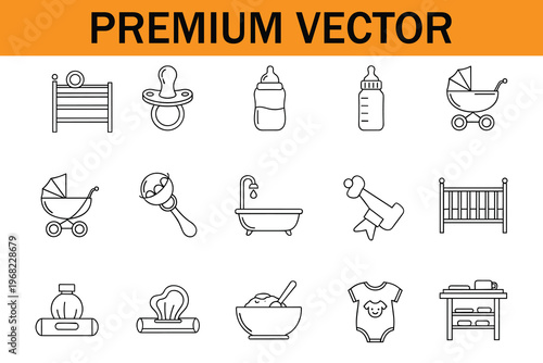 Set of baby icons, including baby carriage, crib, pacifier, baby bottle, bathtub, rattle, baby clothes, and feeding bowl, thin line style