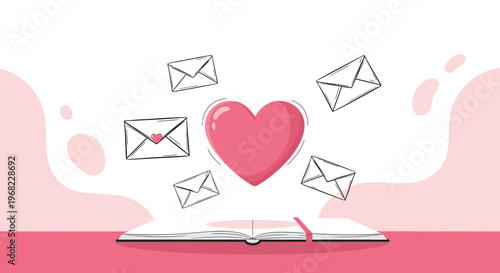 Open Book with Pink Heart and Envelopes Flying Out - Love Letters Concept