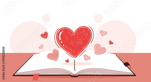 Open Book With Red Heart Floating Above - Love Story Concept