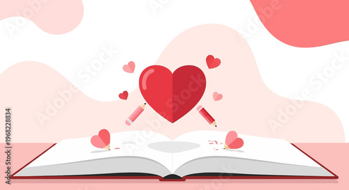 Open Book with Red Heart and Pencils, Love Story Concept
