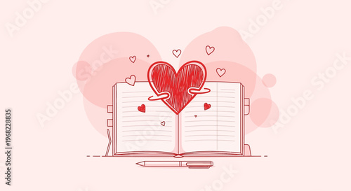 Open book with red heart hugging, love story, romance, relationship, hand-drawn style