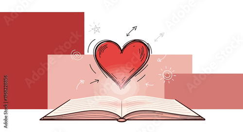 Open Book with Red Heart Symbol and Arrows, Love Story Concept