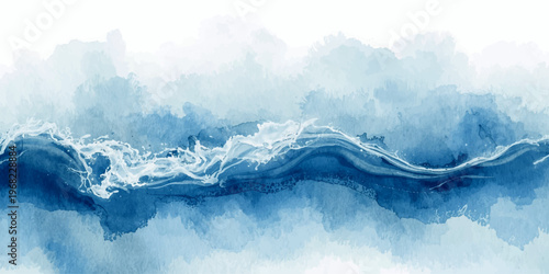 A breathtaking aerial view of a blue sky with clouds over a cold winter landscape featuring snow-capped mountain peaks and a frozen glacier lake