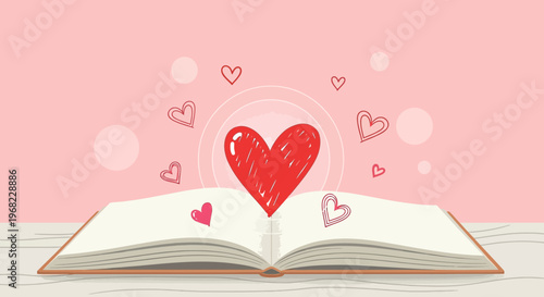 Open Book with Red Heart Symbol, Love Story Concept, Romantic Background