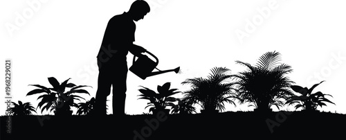 Silhouette of a person watering young plants, symbolizing dedicated care, nurturing growth, and the effort of starting new beginnings in gardening